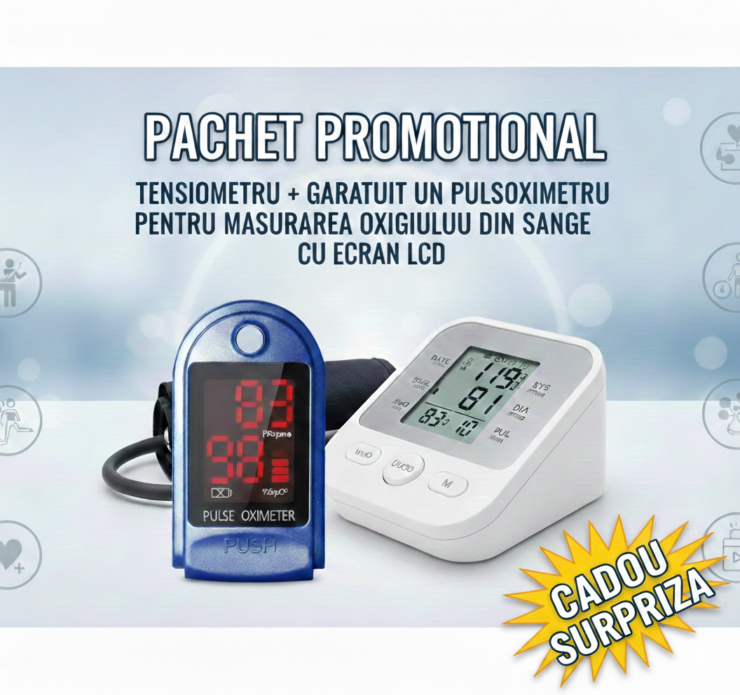 PACHET PROMOTIONAL TENSIOMETRU + GRATUIT UN PULSOXIMTERU PENTRU MASURAREA OXIGENULUI DIN SANGE, CU ECRAN LCD + CADOU SURPRIZA
