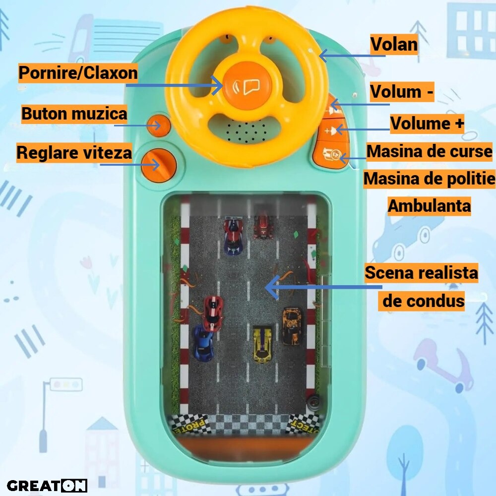 Jucarie Interactiva Cu Volan Pentru Copii – Educativa, Muzicala Cu Lumini Si Sunete, 2 Viteze, Circuit Curse Aventura